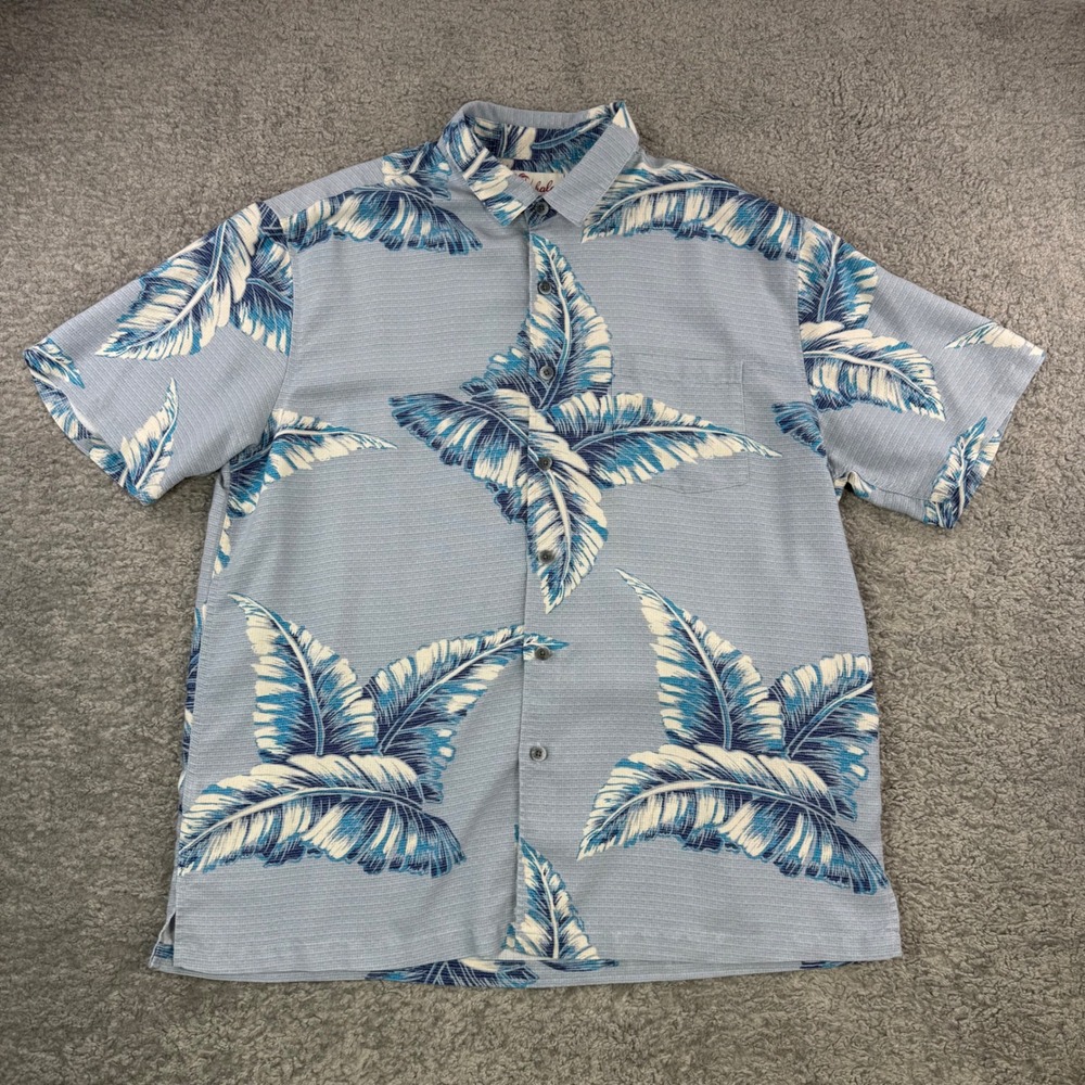 Kahala Mens Blue Tropical Leaf Aloha Shirt Short Sleeve Button Down Size L